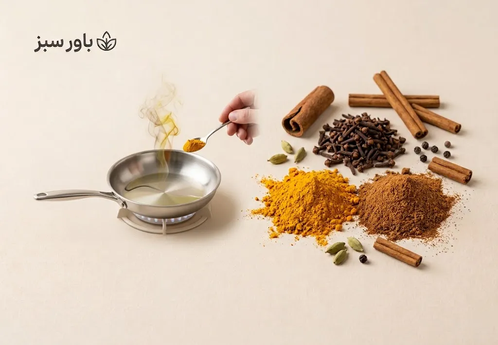 اضافه کردن ادویه به روغن خیلی داغ