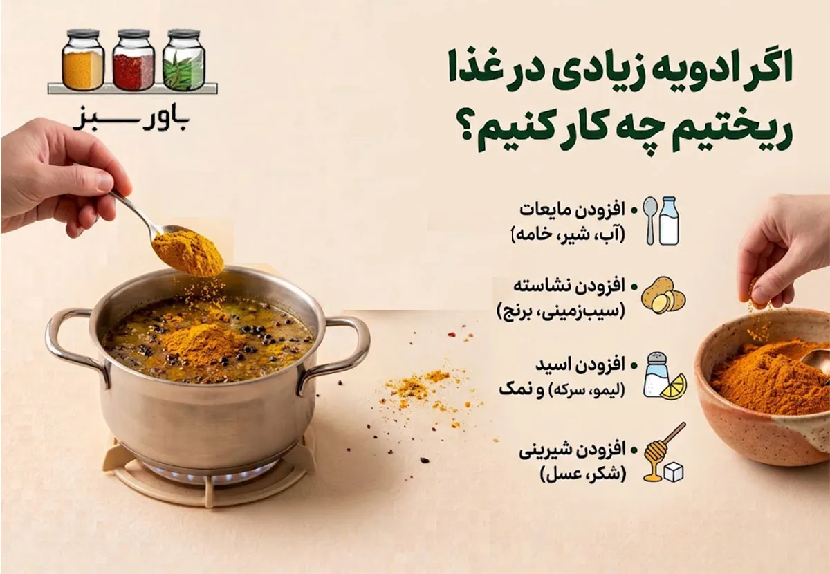 اگر ادویه زیادی در غذا ریختیم چه کار کنیم؟
